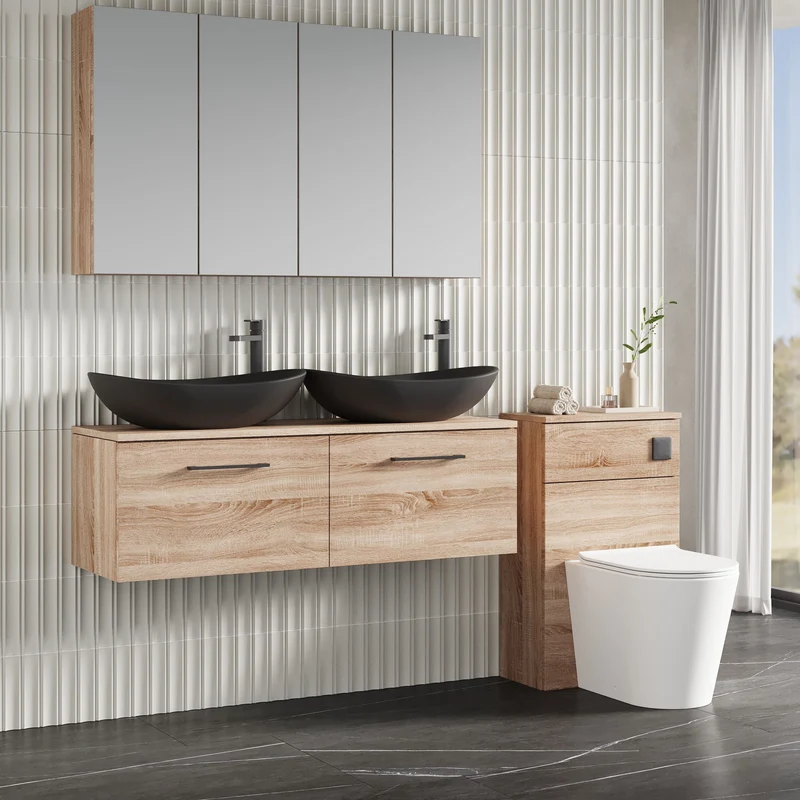 Lana 1200mm Wall Hung 2 Drawer Vanity Unit & Worktop - Bleached Oak Woodgrain