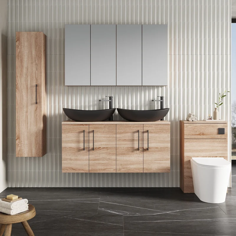 Lana 1200mm Wall Hung 4 Door Vanity Unit & Worktop - Bleached Oak Woodgrain