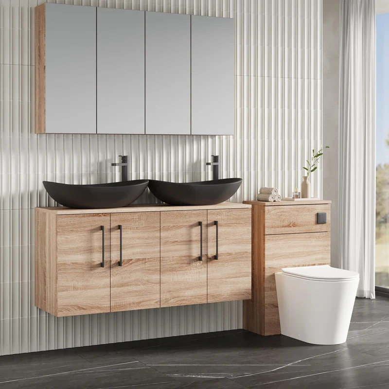 Lana 1200mm Wall Hung 4 Door Vanity Unit & Worktop - Bleached Oak Woodgrain