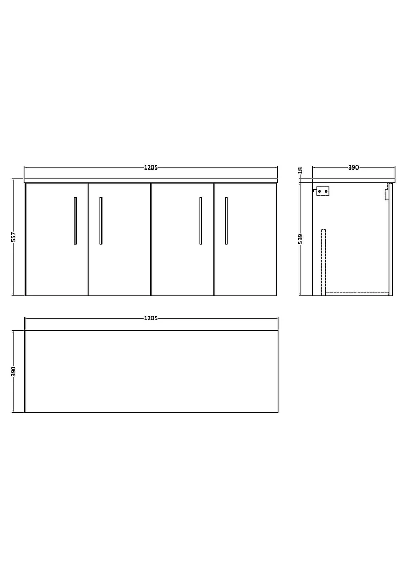 Lana 1200mm Wall Hung 4 Door Vanity Unit & Worktop - Bleached Oak Woodgrain