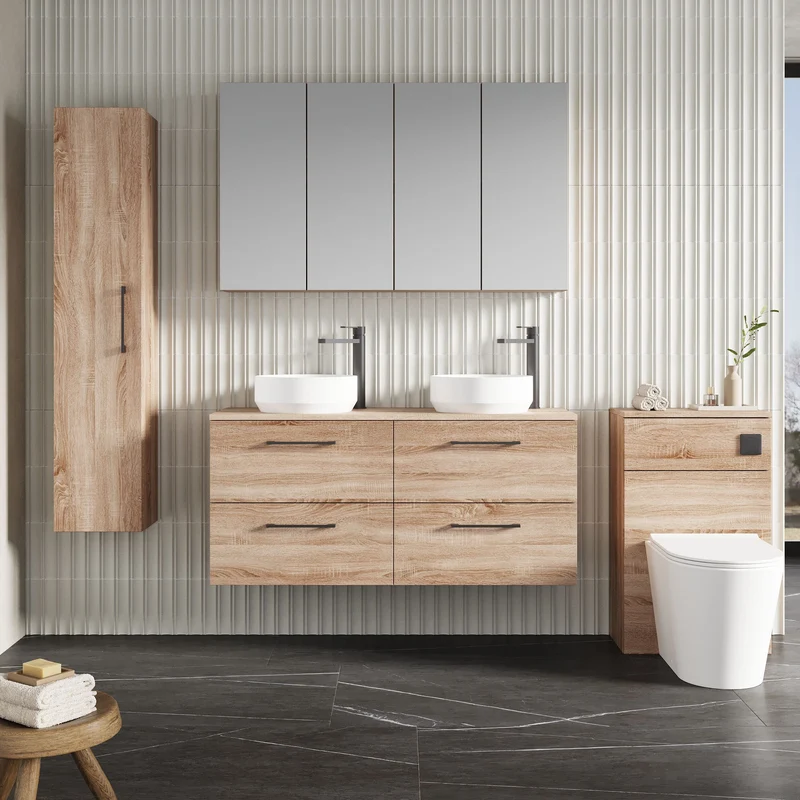 Lana 1200mm Wall Hung 4 Drawer Vanity Unit & Worktop - Bleached Oak Woodgrain