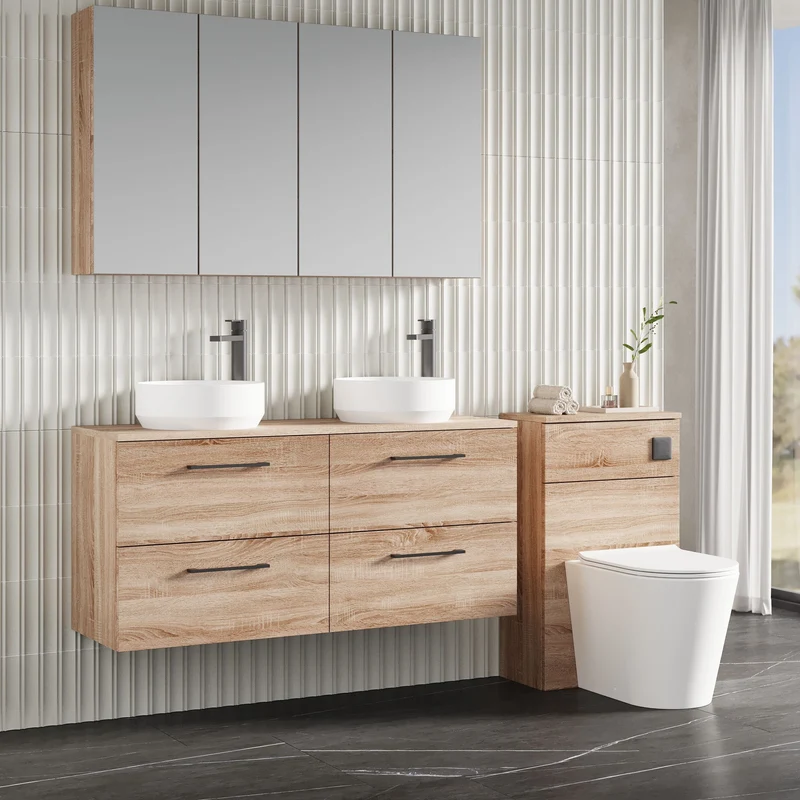 Lana 1200mm Wall Hung 4 Drawer Vanity Unit & Worktop - Bleached Oak Woodgrain