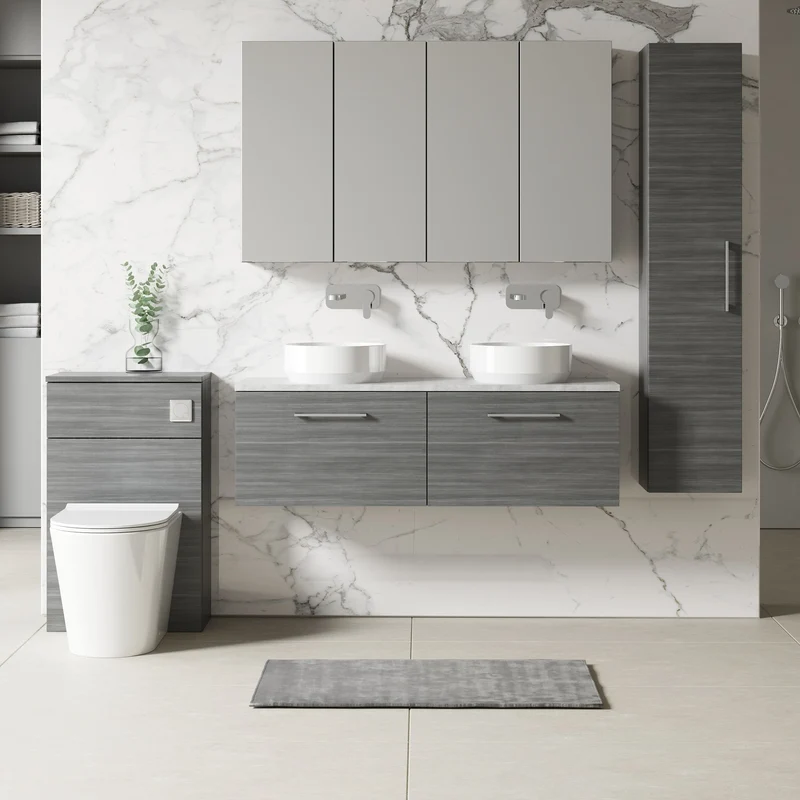 Lana 1200mm Wall Hung 2 Drawer Vanity Unit & Bellato Grey Laminate Worktop - Anthracite Woodgrain