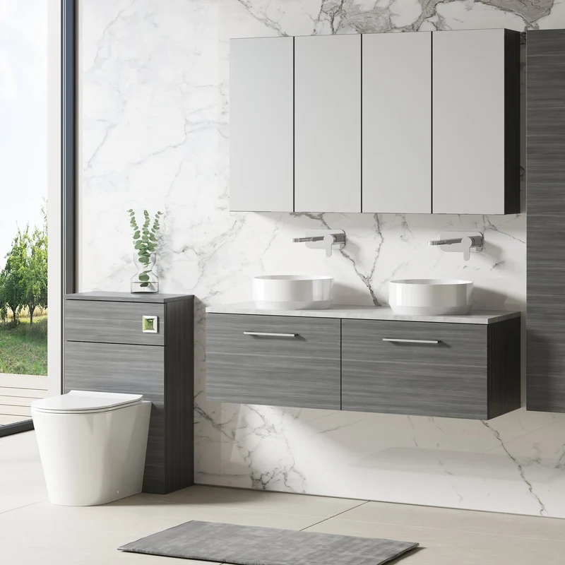 Lana 1200mm Wall Hung 2 Drawer Vanity Unit & Bellato Grey Laminate Worktop - Anthracite Woodgrain