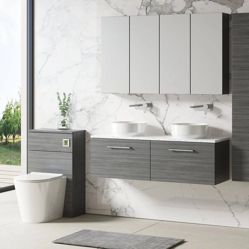 Lana 1200mm Wall Hung 2 Drawer Vanity Unit & Carrera Marble Laminate Worktop - Anthracite Woodgrain