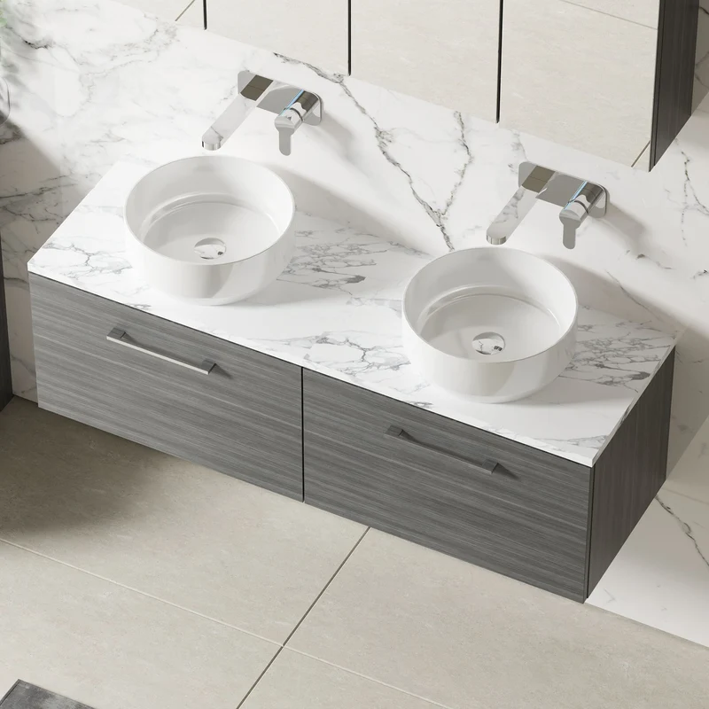Lana 1200mm Wall Hung 2 Drawer Vanity Unit & Carrera Marble Laminate Worktop - Anthracite Woodgrain