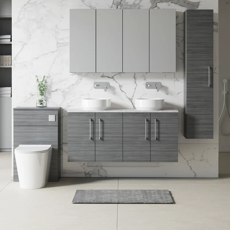 Lana 1200mm Wall Hung 4 Door Vanity Unit & Bellato Grey Laminate Worktop - Anthracite Woodgrain