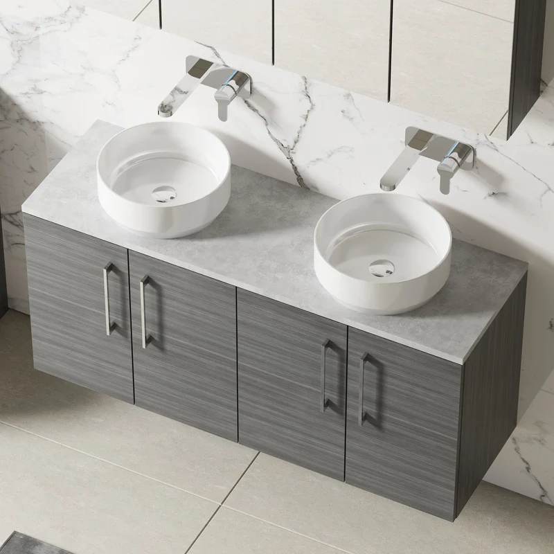Lana 1200mm Wall Hung 4 Door Vanity Unit & Bellato Grey Laminate Worktop - Anthracite Woodgrain