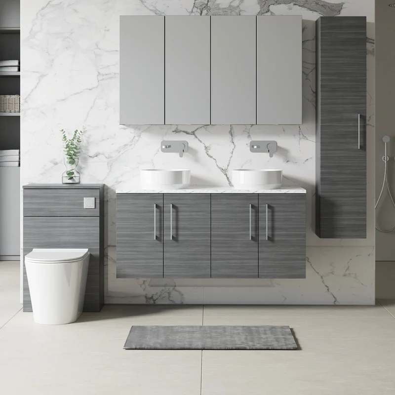 Lana 1200mm Wall Hung 4 Door Vanity Unit & Carrera Marble Laminate Worktop - Anthracite Woodgrain