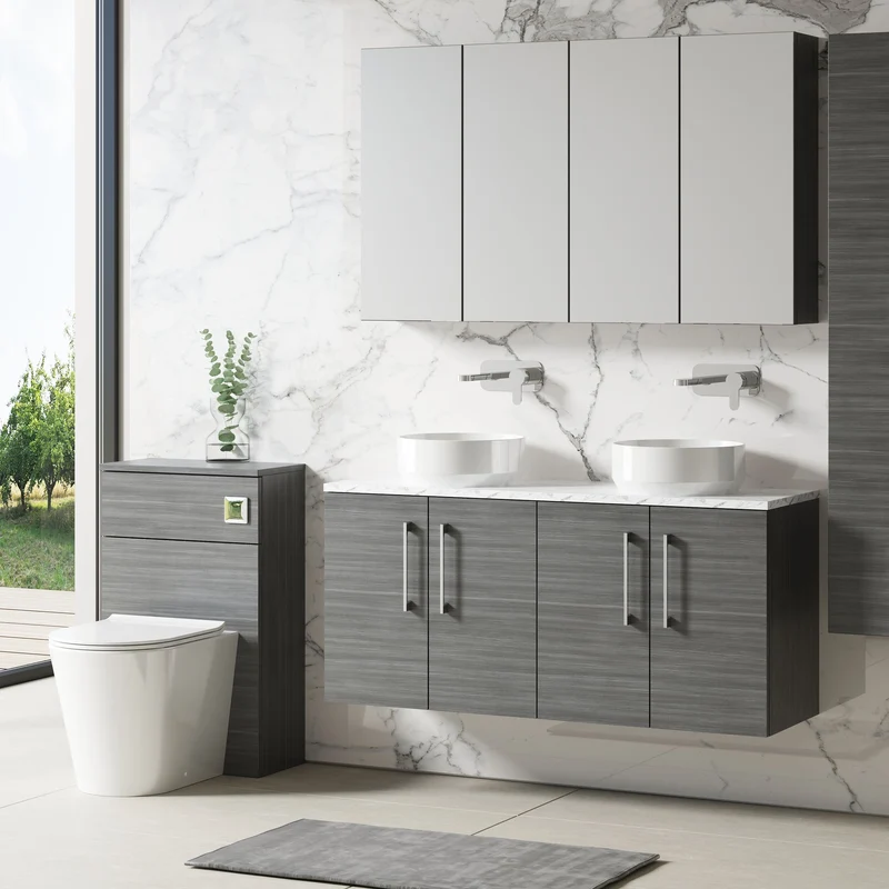 Lana 1200mm Wall Hung 4 Door Vanity Unit & Carrera Marble Laminate Worktop - Anthracite Woodgrain