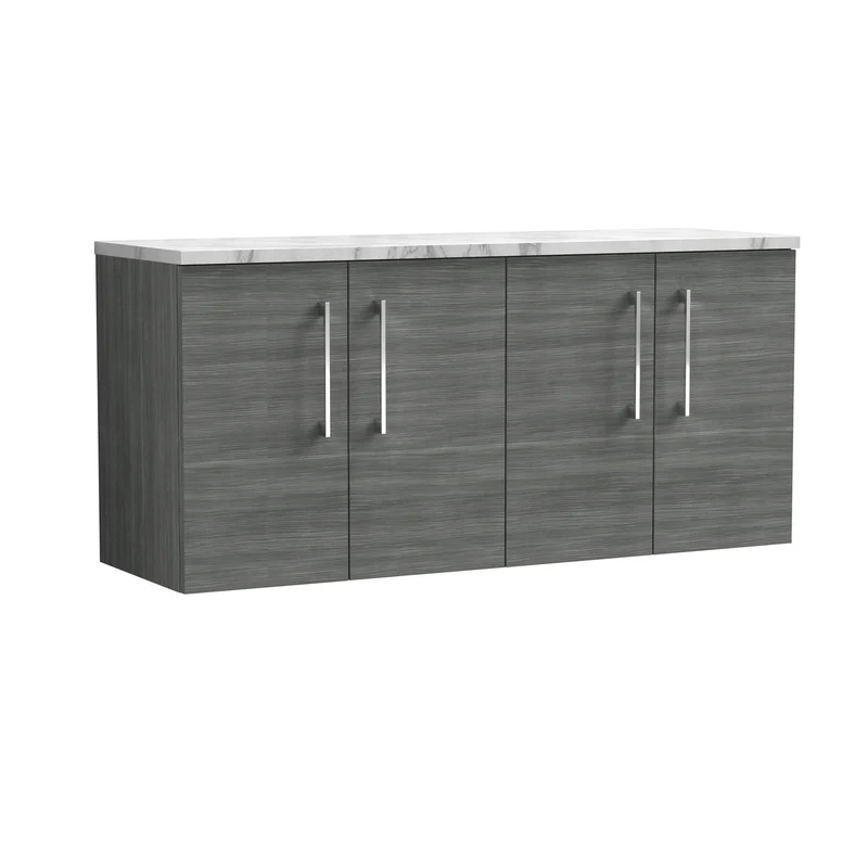 Lana 1200mm Wall Hung 4 Door Vanity Unit & Carrera Marble Laminate Worktop - Anthracite Woodgrain
