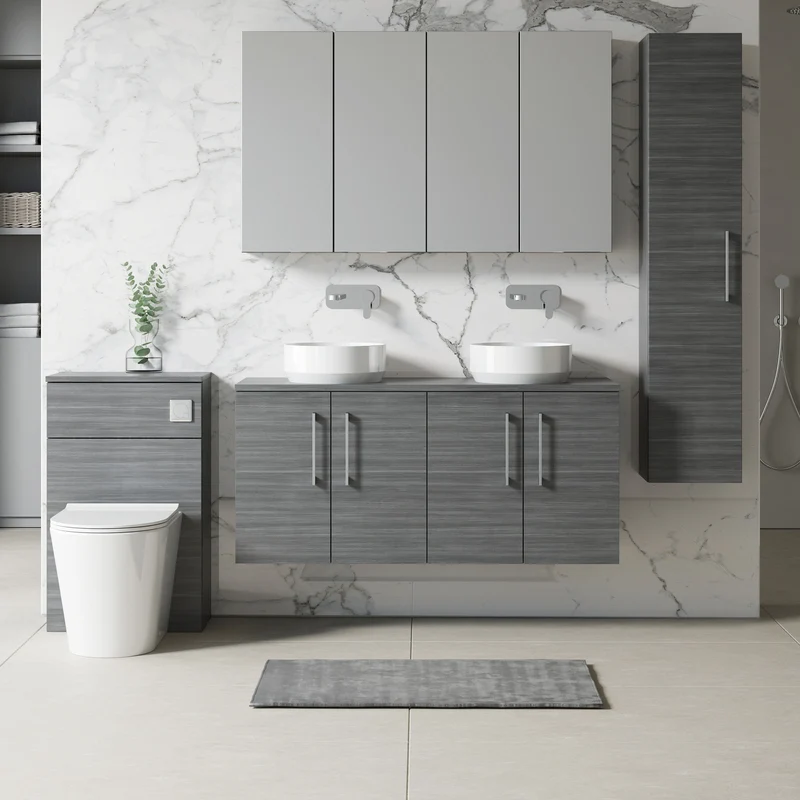 Lana 1200mm Wall Hung 4 Door Vanity Unit & Worktop - Anthracite Woodgrain