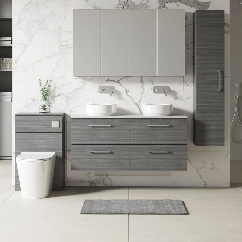Lana 1200mm Wall Hung 4 Drawer Vanity Unit & Bellato Grey Laminate Worktop - Anthracite Woodgrain