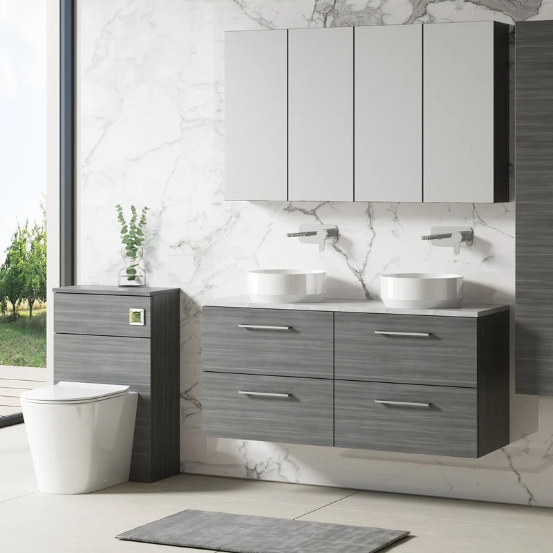 Lana 1200mm Wall Hung 4 Drawer Vanity Unit & Bellato Grey Laminate Worktop - Anthracite Woodgrain