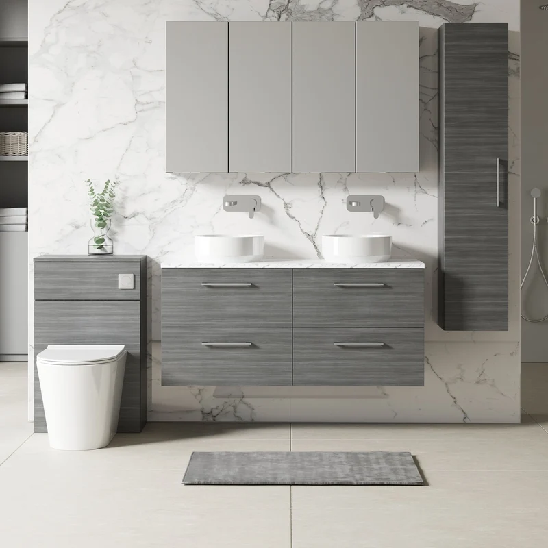 Lana 1200mm Wall Hung 4 Drawer Vanity Unit & Carrera Marble Laminate Worktop - Anthracite Woodgrain