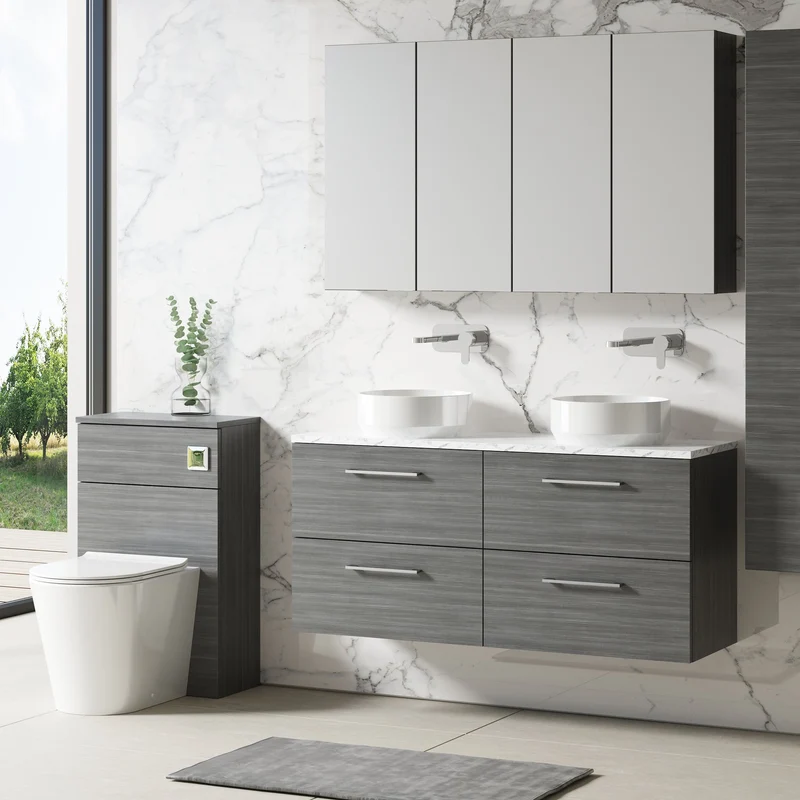 Lana 1200mm Wall Hung 4 Drawer Vanity Unit & Carrera Marble Laminate Worktop - Anthracite Woodgrain