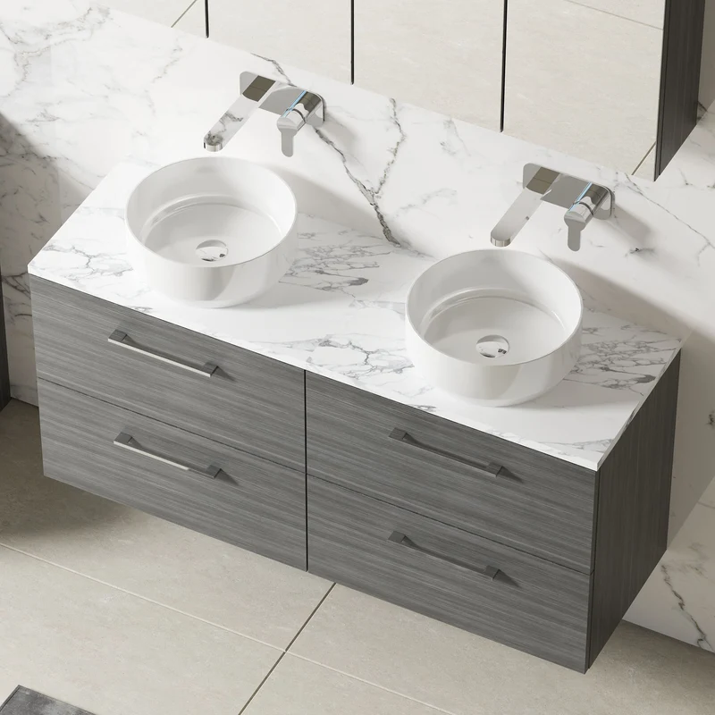Lana 1200mm Wall Hung 4 Drawer Vanity Unit & Carrera Marble Laminate Worktop - Anthracite Woodgrain