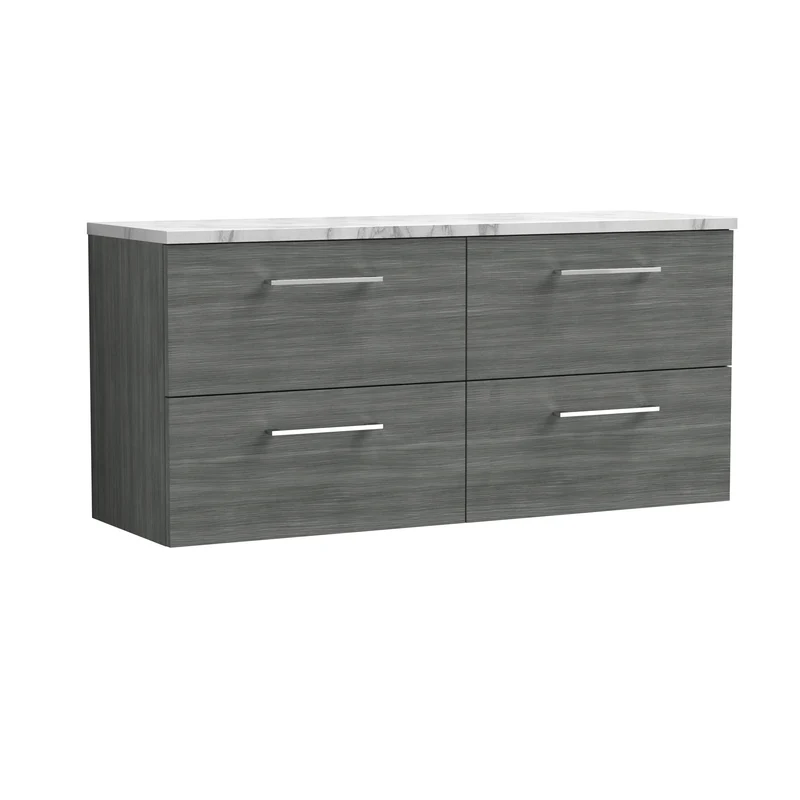 Lana 1200mm Wall Hung 4 Drawer Vanity Unit & Carrera Marble Laminate Worktop - Anthracite Woodgrain