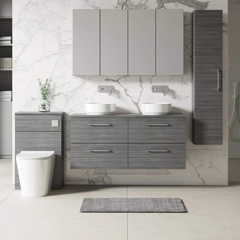 Lana 1200mm Wall Hung 4 Drawer Vanity Unit & Worktop - Anthracite Woodgrain