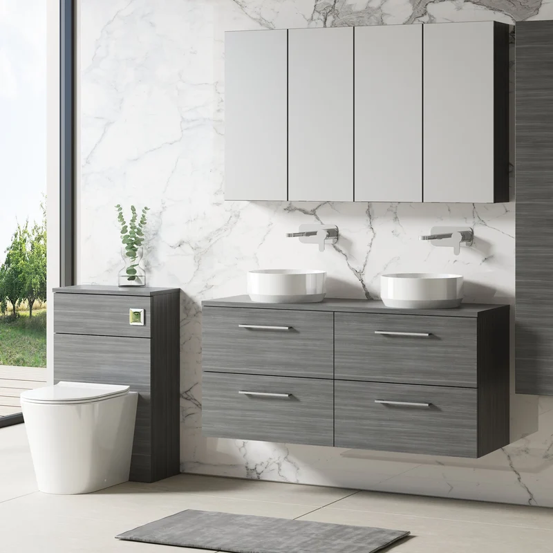 Lana 1200mm Wall Hung 4 Drawer Vanity Unit & Worktop - Anthracite Woodgrain