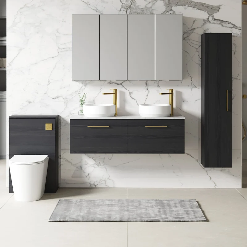 Lana 1200mm Wall Hung 2 Drawer Vanity Unit & Bellato Grey Laminate Worktop - Charcoal Black Woodgrain