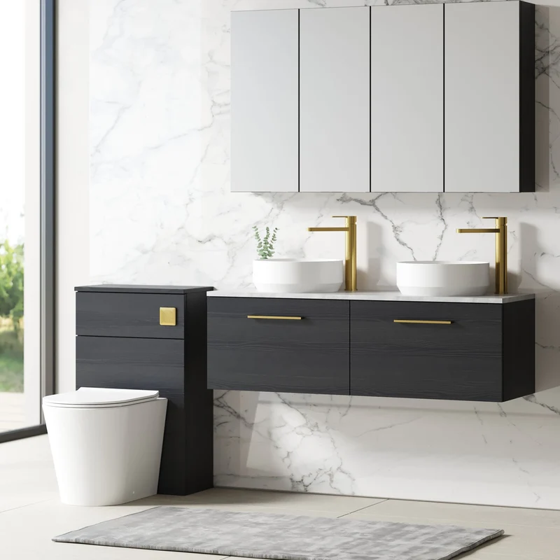 Lana 1200mm Wall Hung 2 Drawer Vanity Unit & Bellato Grey Laminate Worktop - Charcoal Black Woodgrain