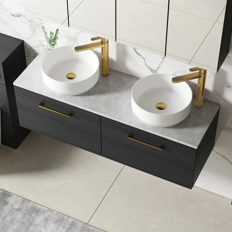 Lana 1200mm Wall Hung 2 Drawer Vanity Unit & Bellato Grey Laminate Worktop - Charcoal Black Woodgrain