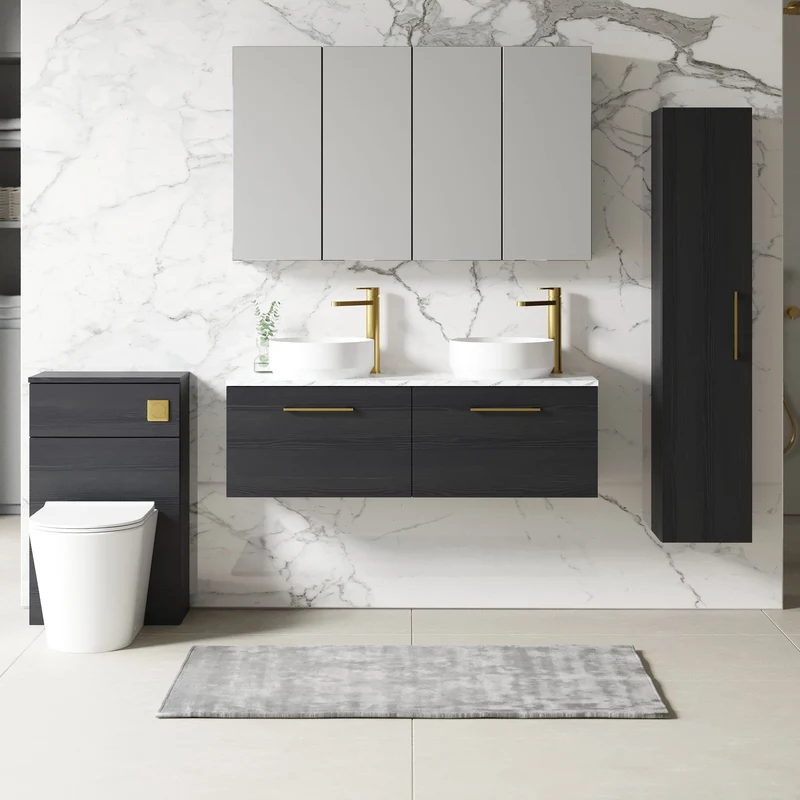 Lana 1200mm Wall Hung 2 Drawer Vanity Unit & Carrera Marble Laminate Worktop - Charcoal Black Woodgrain