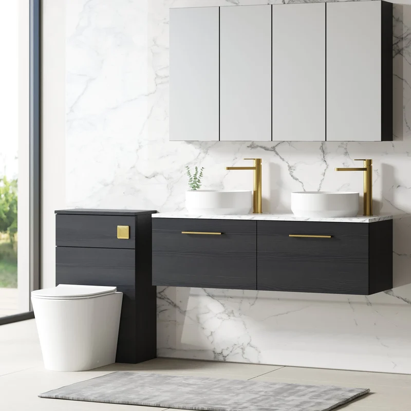 Lana 1200mm Wall Hung 2 Drawer Vanity Unit & Carrera Marble Laminate Worktop - Charcoal Black Woodgrain