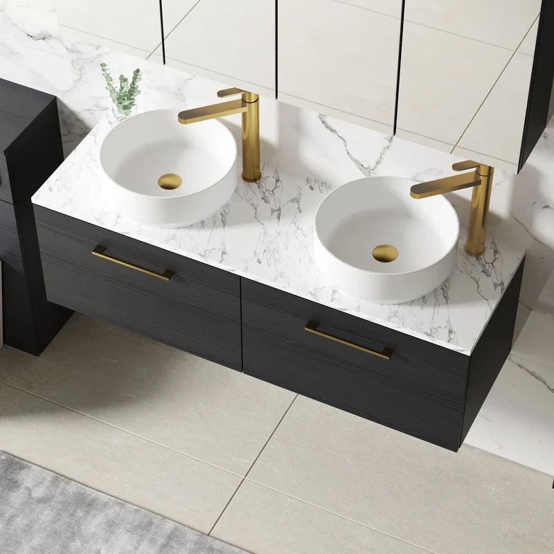 Lana 1200mm Wall Hung 2 Drawer Vanity Unit & Carrera Marble Laminate Worktop - Charcoal Black Woodgrain