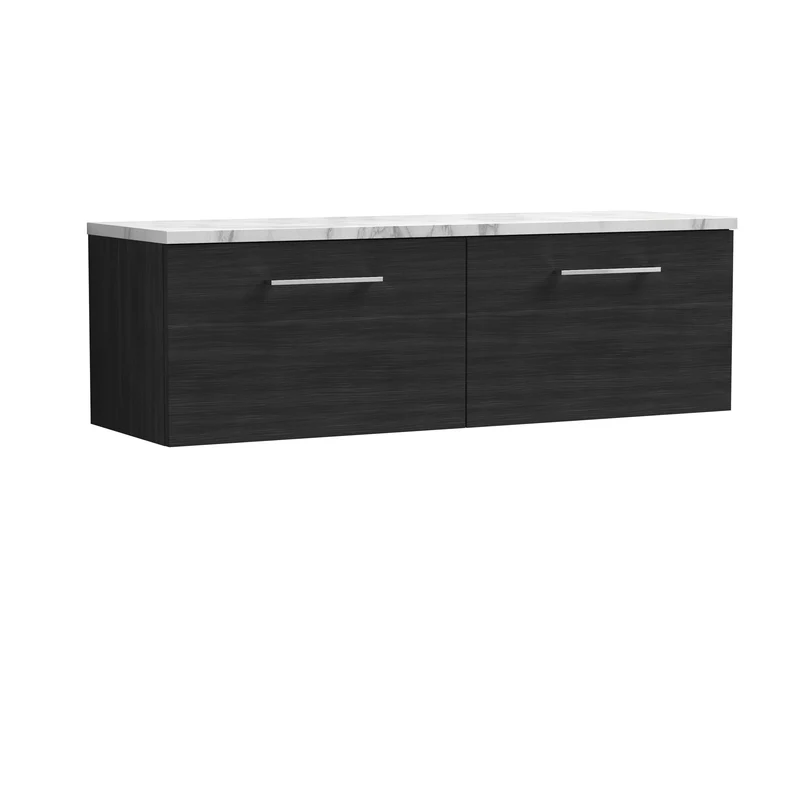 Lana 1200mm Wall Hung 2 Drawer Vanity Unit & Carrera Marble Laminate Worktop - Charcoal Black Woodgrain