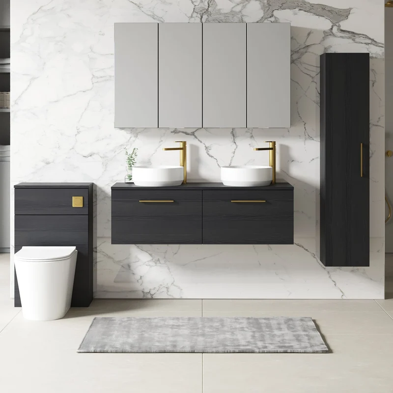 Lana 1200mm Wall Hung 2 Drawer Vanity Unit & Worktop - Charcoal Black Woodgrain