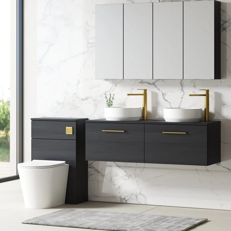 Lana 1200mm Wall Hung 2 Drawer Vanity Unit & Worktop - Charcoal Black Woodgrain