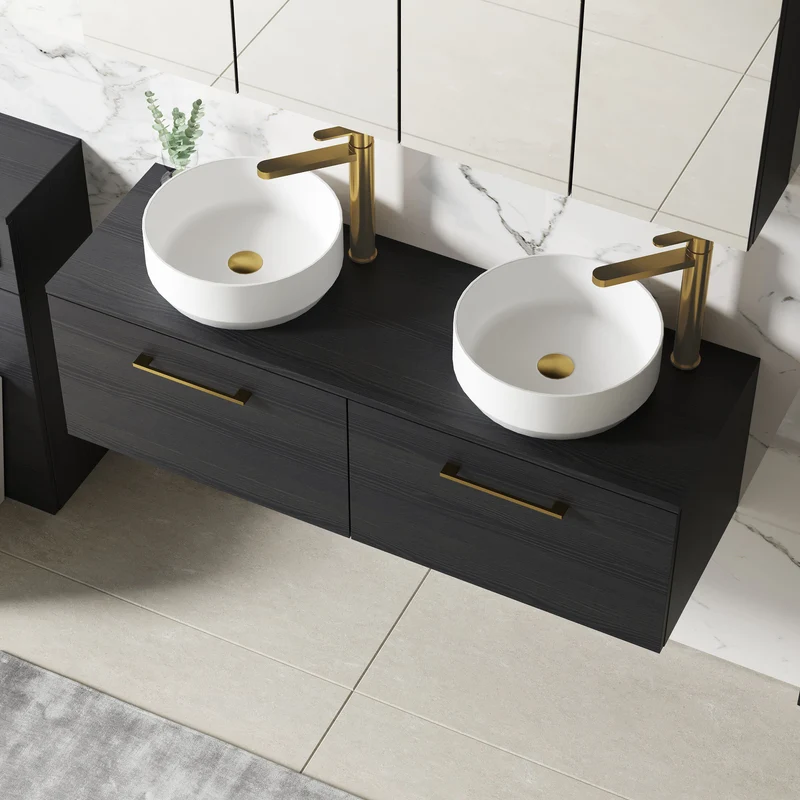 Lana 1200mm Wall Hung 2 Drawer Vanity Unit & Worktop - Charcoal Black Woodgrain