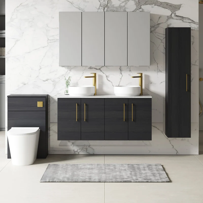 Lana 1200mm Wall Hung 4 Door Vanity Unit & Bellato Grey Laminate Worktop - Charcoal Black Woodgrain