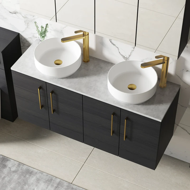 Lana 1200mm Wall Hung 4 Door Vanity Unit & Bellato Grey Laminate Worktop - Charcoal Black Woodgrain