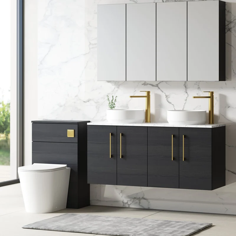 Lana 1200mm Wall Hung 4 Door Vanity Unit & Carrera Marble Laminate Worktop - Charcoal Black Woodgrain