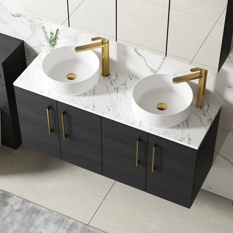 Lana 1200mm Wall Hung 4 Door Vanity Unit & Carrera Marble Laminate Worktop - Charcoal Black Woodgrain