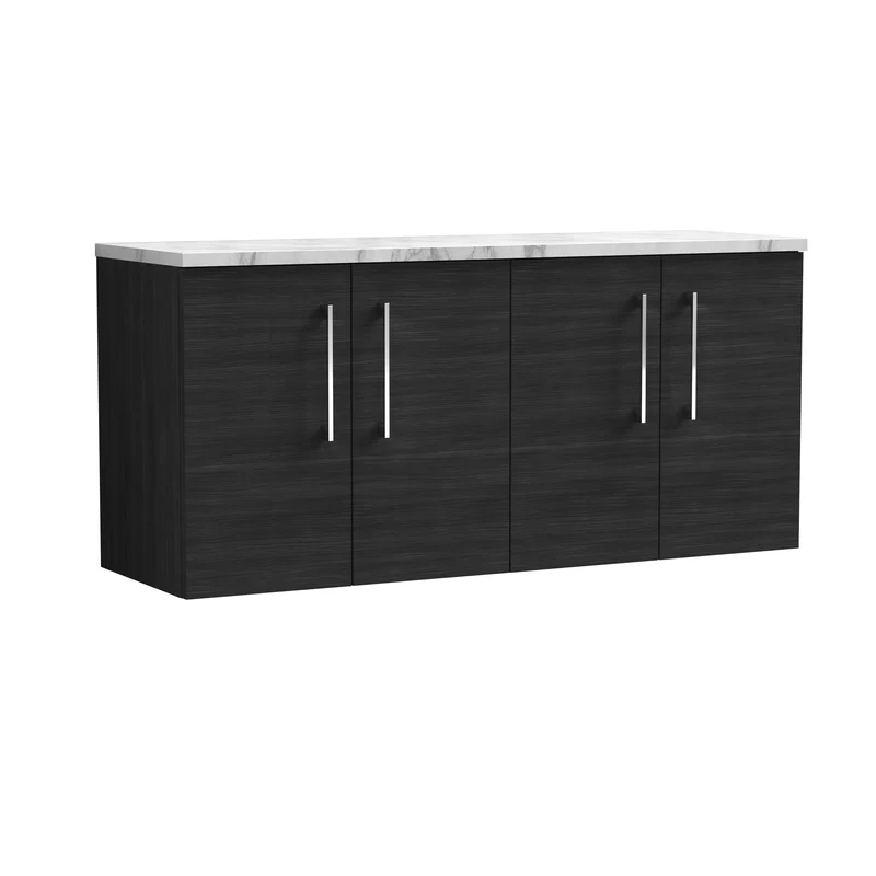 Lana 1200mm Wall Hung 4 Door Vanity Unit & Carrera Marble Laminate Worktop - Charcoal Black Woodgrain