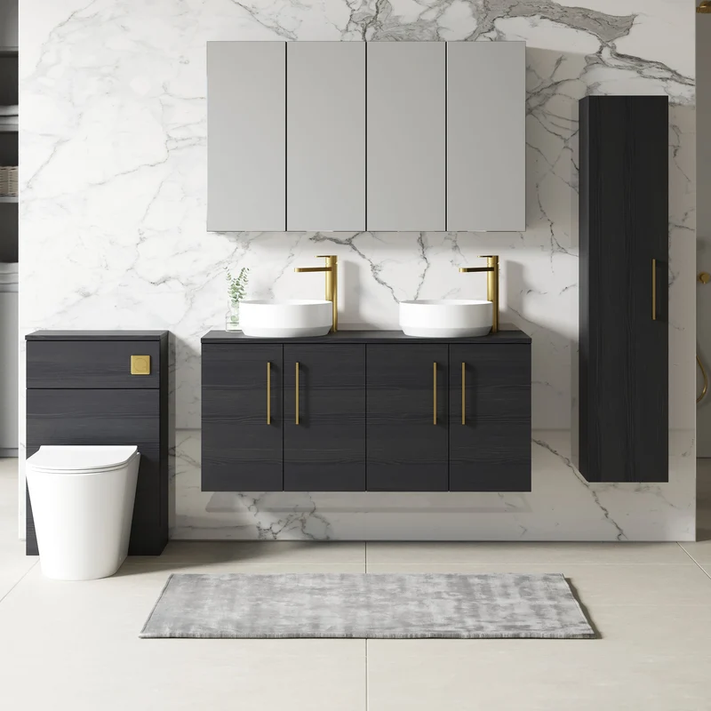 Lana 1200mm Wall Hung 4 Door Vanity Unit & Worktop - Charcoal Black Woodgrain