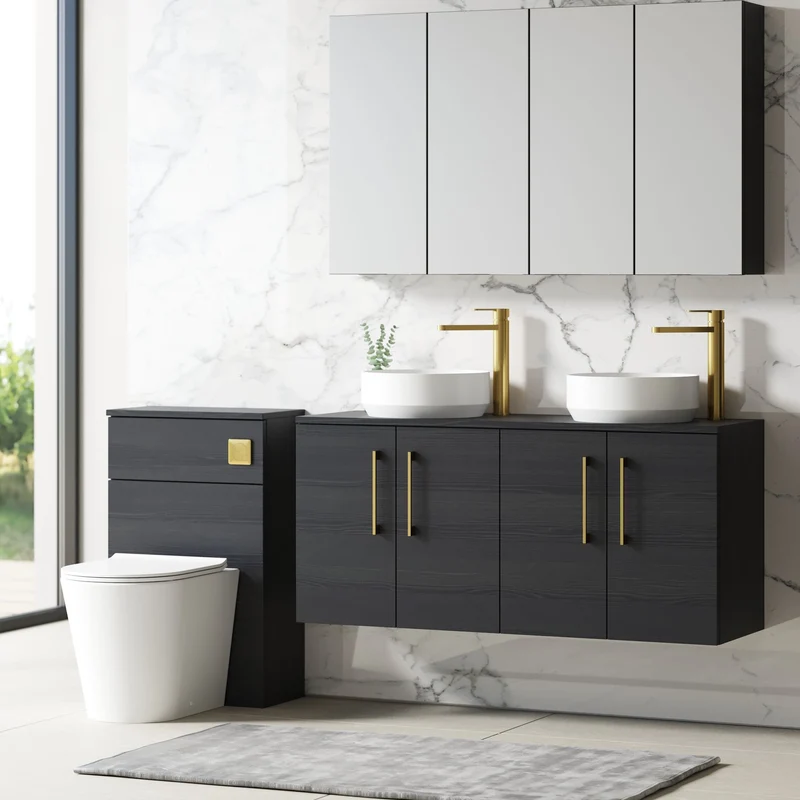 Lana 1200mm Wall Hung 4 Door Vanity Unit & Worktop - Charcoal Black Woodgrain