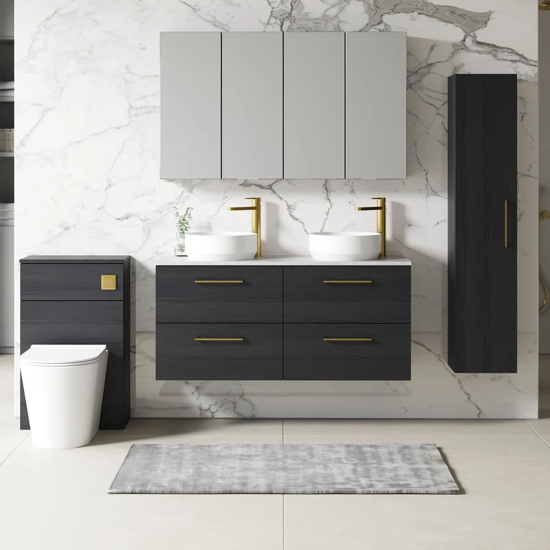 Lana 1200mm Wall Hung 4 Drawer Vanity Unit & Bellato Grey Laminate Worktop - Charcoal Black Woodgrain
