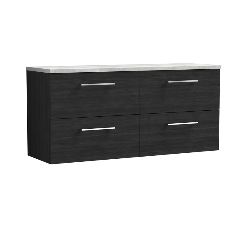 Lana 1200mm Wall Hung 4 Drawer Vanity Unit & Bellato Grey Laminate Worktop - Charcoal Black Woodgrain
