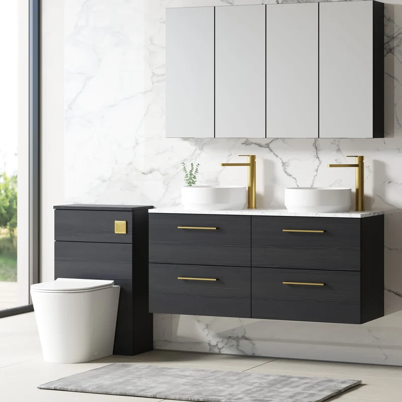 Lana 1200mm Wall Hung 4 Drawer Vanity Unit & Carrera Marble Laminate Worktop - Charcoal Black Woodgrain
