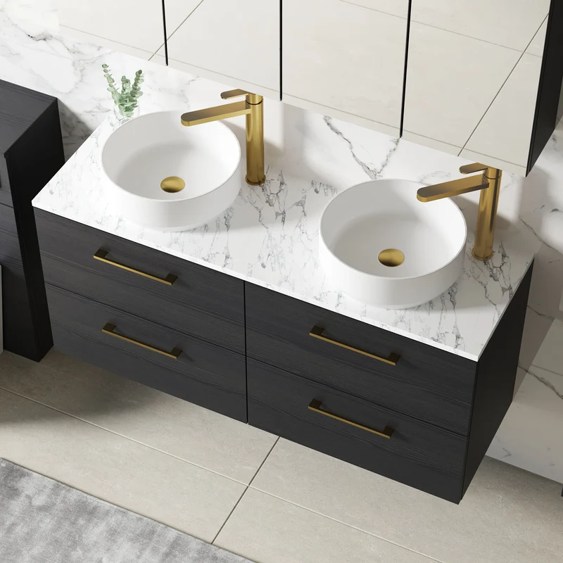 Lana 1200mm Wall Hung 4 Drawer Vanity Unit & Carrera Marble Laminate Worktop - Charcoal Black Woodgrain