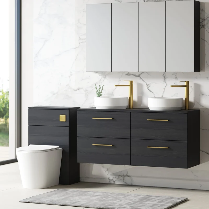 Lana 1200mm Wall Hung 4 Drawer Vanity Unit & Worktop - Charcoal Black Woodgrain
