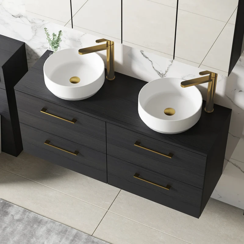 Lana 1200mm Wall Hung 4 Drawer Vanity Unit & Worktop - Charcoal Black Woodgrain