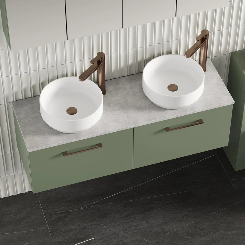 Lana 1200mm Wall Hung 2 Drawer Vanity Unit & Bellato Grey Laminate Worktop - Green Satin