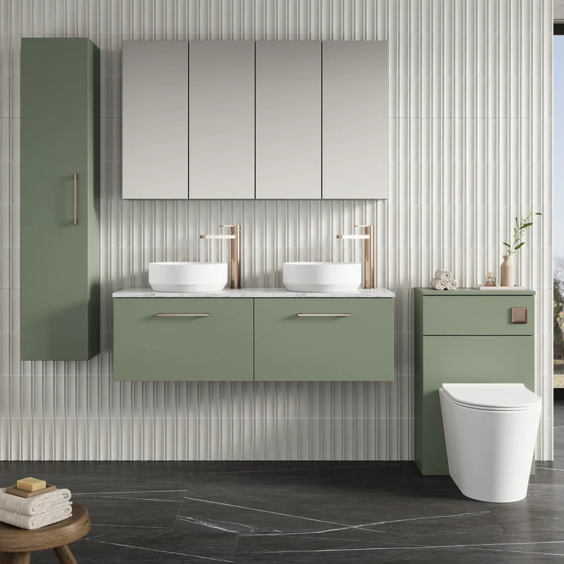 Lana 1200mm Wall Hung 2 Drawer Vanity Unit & Carrera Marble Laminate Worktop - Green Satin