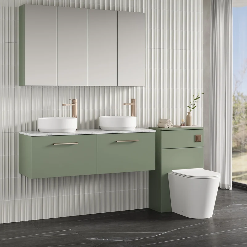 Lana 1200mm Wall Hung 2 Drawer Vanity Unit & Carrera Marble Laminate Worktop - Green Satin